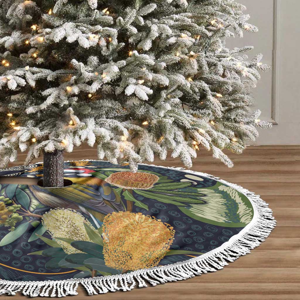 Aussie Honeyeaters Banksia Christmas Tree Skirt Aboriginal Dots Painting Blue Motif - Aussie Hoodie