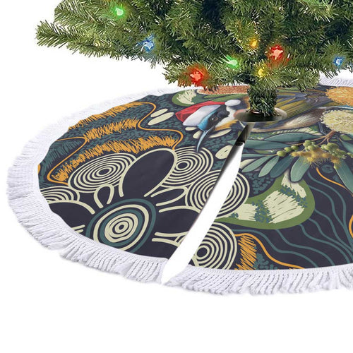 Aussie Honeyeaters Banksia Christmas Tree Skirt Aboriginal Dots Painting Blue Motif - Aussie Hoodie
