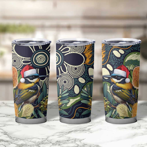 Aussie Honeyeaters Banksia Christmas Tumbler Cup Aboriginal Dots Painting Blue Motif - Aussie Hoodie