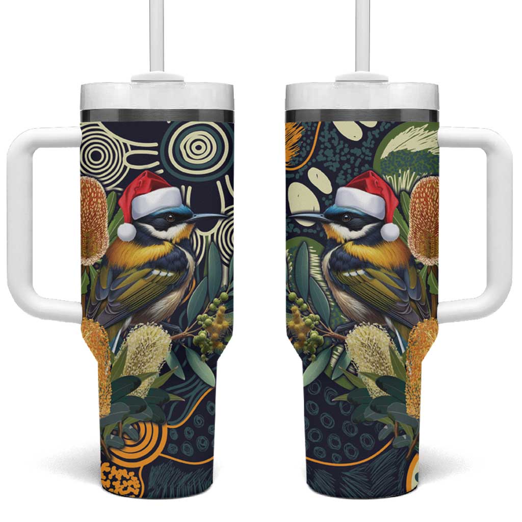 Aussie Honeyeaters Banksia Christmas Tumbler With Handle Aboriginal Dots Painting Blue Motif - Aussie Hoodie