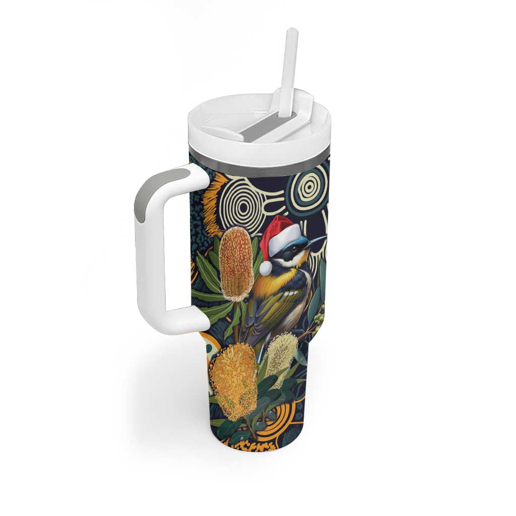 Aussie Honeyeaters Banksia Christmas Tumbler With Handle Aboriginal Dots Painting Blue Motif - Aussie Hoodie