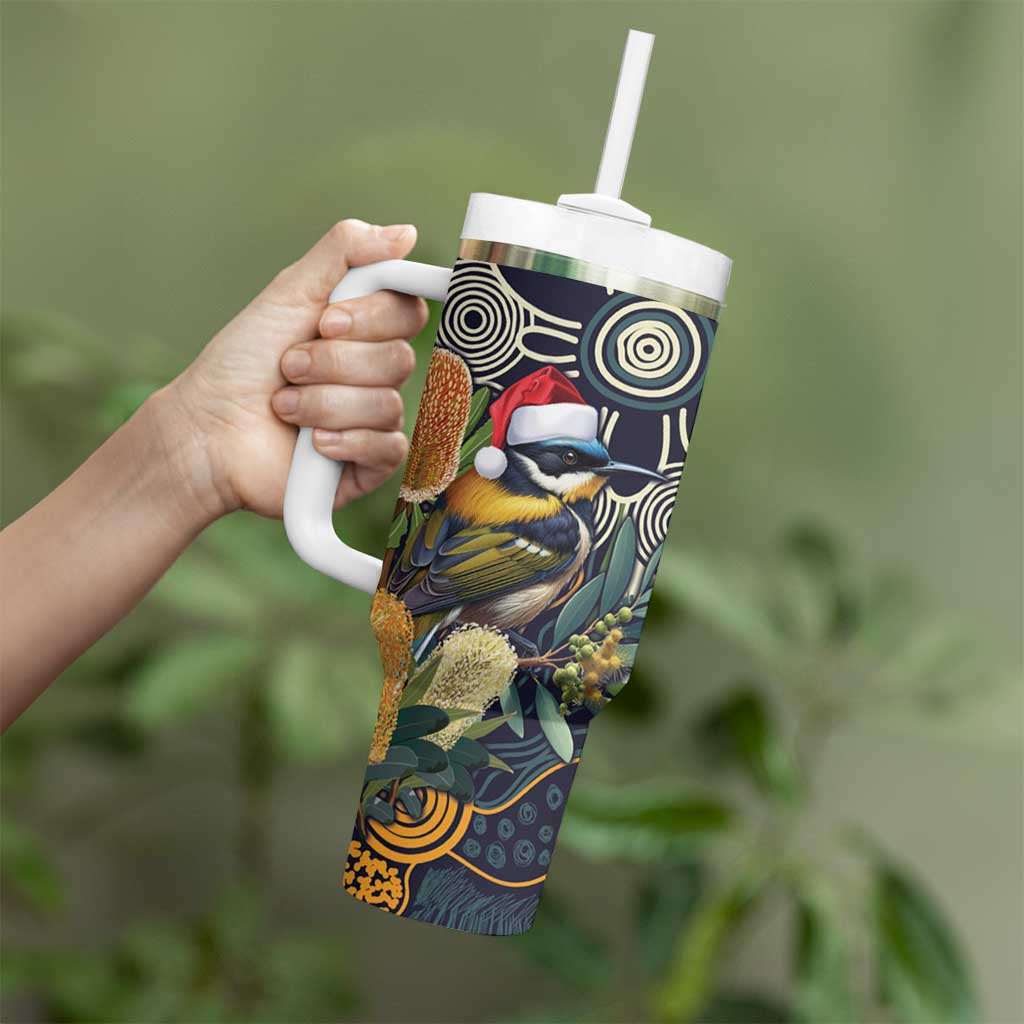 Aussie Honeyeaters Banksia Christmas Tumbler With Handle Aboriginal Dots Painting Blue Motif - Aussie Hoodie