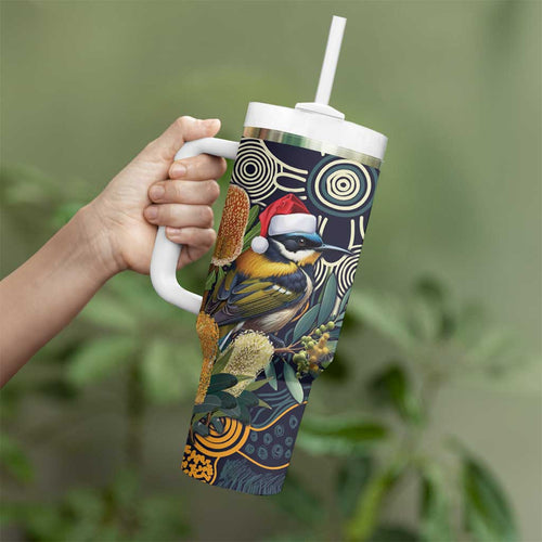 Aussie Honeyeaters Banksia Christmas Tumbler With Handle Aboriginal Dots Painting Blue Motif - Aussie Hoodie