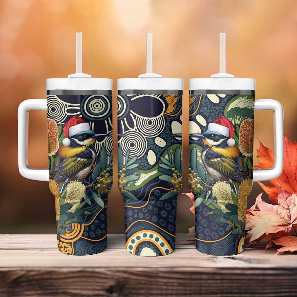 Aussie Honeyeaters Banksia Christmas Tumbler With Handle Aboriginal Dots Painting Blue Motif - Aussie Hoodie