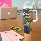 Aussie Honeyeaters Banksia Christmas Tumbler With Handle Aboriginal Dots Painting Blue Motif - Aussie Hoodie