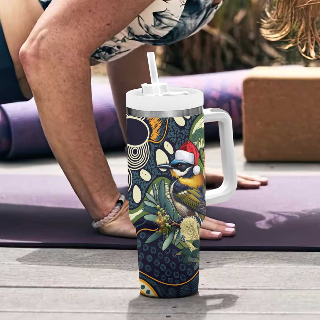 Aussie Honeyeaters Banksia Christmas Tumbler With Handle Aboriginal Dots Painting Blue Motif - Aussie Hoodie