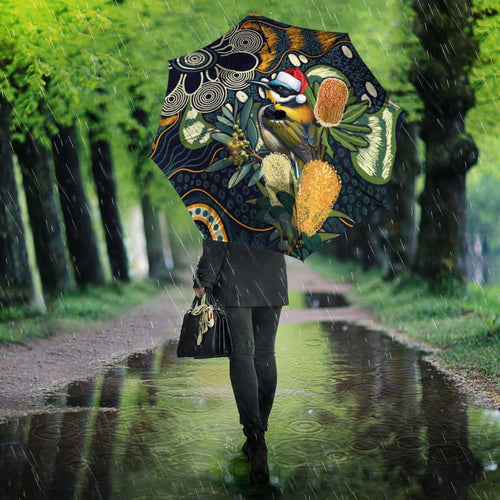 Aussie Honeyeaters Banksia Christmas Umbrella Aboriginal Dots Painting Blue Motif - Aussie Hoodie