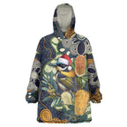 Aussie Honeyeaters Banksia Christmas Wearable Blanket Hoodie Aboriginal Dots Painting Blue Motif - Aussie Hoodie