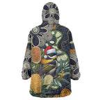Aussie Honeyeaters Banksia Christmas Wearable Blanket Hoodie Aboriginal Dots Painting Blue Motif - Aussie Hoodie