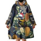 Aussie Honeyeaters Banksia Christmas Wearable Blanket Hoodie Aboriginal Dots Painting Blue Motif - Aussie Hoodie