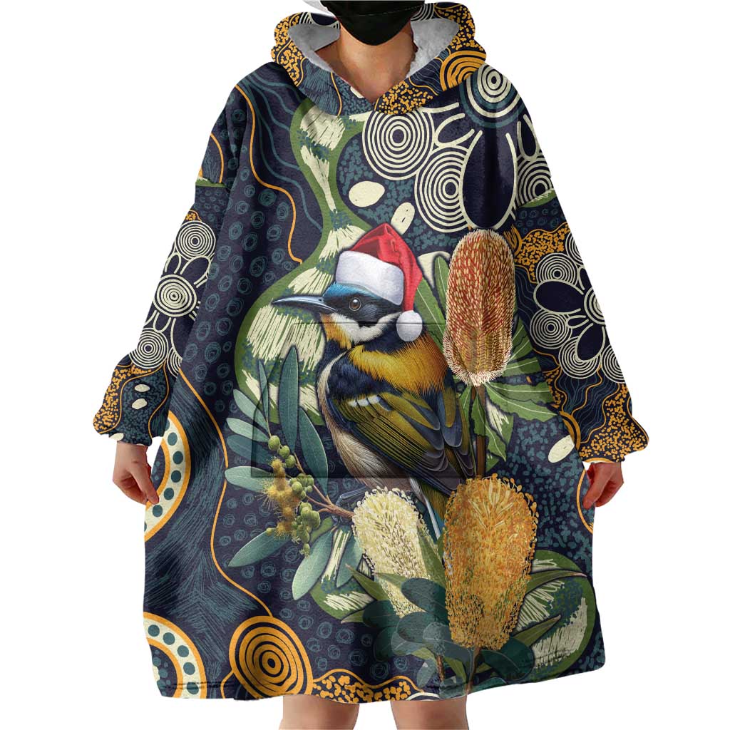 Aussie Honeyeaters Banksia Christmas Wearable Blanket Hoodie Aboriginal Dots Painting Blue Motif - Aussie Hoodie