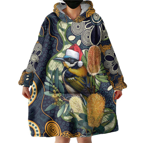 Aussie Honeyeaters Banksia Christmas Wearable Blanket Hoodie Aboriginal Dots Painting Blue Motif - Aussie Hoodie