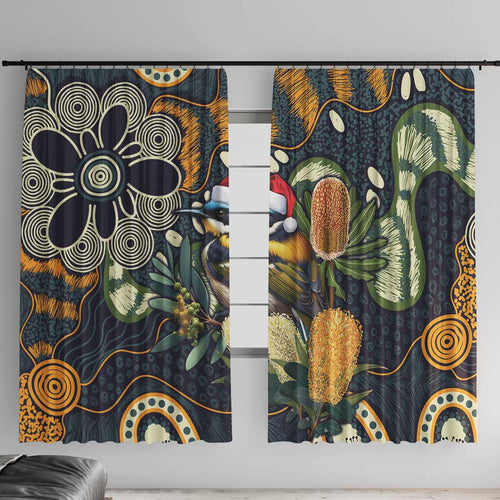 Aussie Honeyeaters Banksia Christmas Window Curtain Aboriginal Dots Painting Blue Motif - Aussie Hoodie