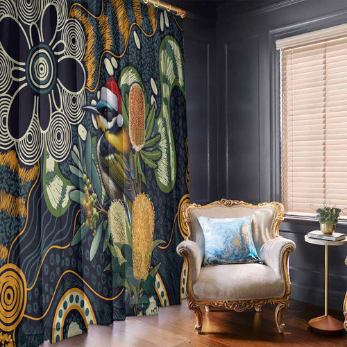 Aussie Honeyeaters Banksia Christmas Window Curtain Aboriginal Dots Painting Blue Motif - Aussie Hoodie
