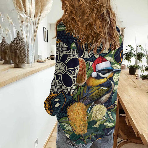 Aussie Honeyeaters Banksia Christmas Women Casual Shirt Aboriginal Dots Painting Blue Motif - Aussie Hoodie