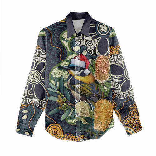 Aussie Honeyeaters Banksia Christmas Women Casual Shirt Aboriginal Dots Painting Blue Motif - Aussie Hoodie