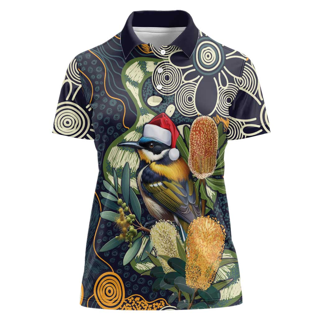 Aussie Honeyeaters Banksia Christmas Women Polo Shirt Aboriginal Dots Painting Blue Motif - Aussie Hoodie
