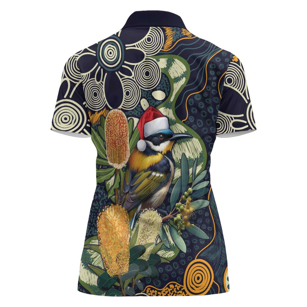 Aussie Honeyeaters Banksia Christmas Women Polo Shirt Aboriginal Dots Painting Blue Motif - Aussie Hoodie