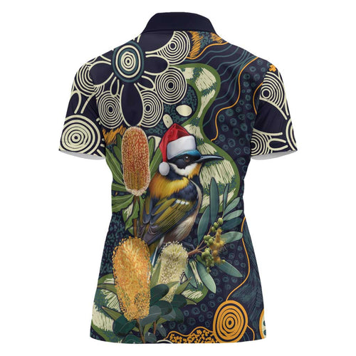 Aussie Honeyeaters Banksia Christmas Women Polo Shirt Aboriginal Dots Painting Blue Motif - Aussie Hoodie