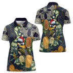 Aussie Honeyeaters Banksia Christmas Women Polo Shirt Aboriginal Dots Painting Blue Motif - Aussie Hoodie