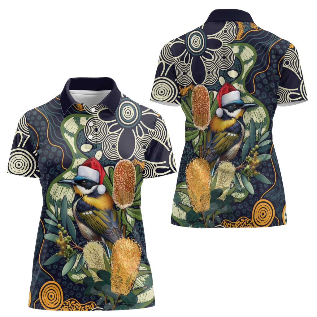 Aussie Honeyeaters Banksia Christmas Women Polo Shirt Aboriginal Dots Painting Blue Motif - Aussie Hoodie