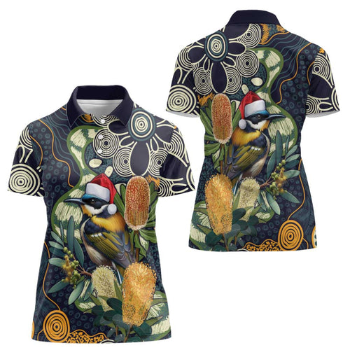 Aussie Honeyeaters Banksia Christmas Women Polo Shirt Aboriginal Dots Painting Blue Motif - Aussie Hoodie