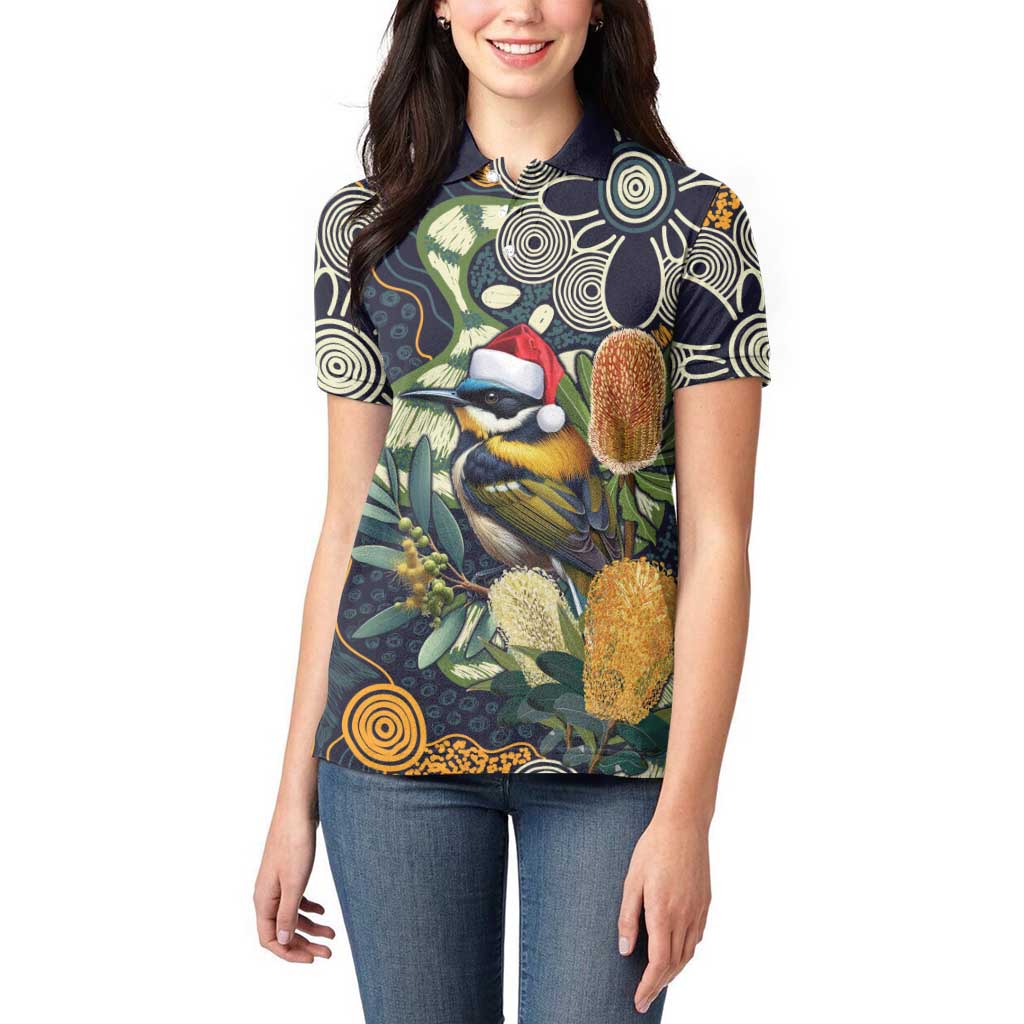Aussie Honeyeaters Banksia Christmas Women Polo Shirt Aboriginal Dots Painting Blue Motif - Aussie Hoodie