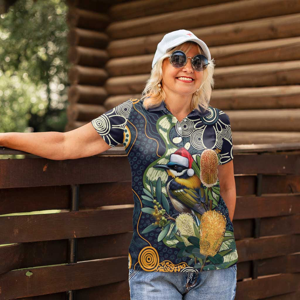 Aussie Honeyeaters Banksia Christmas Women Polo Shirt Aboriginal Dots Painting Blue Motif - Aussie Hoodie