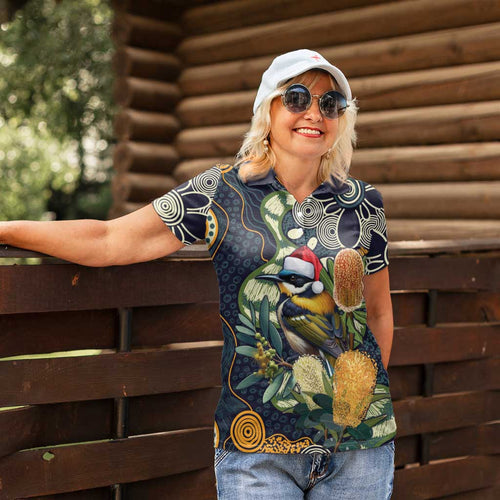Aussie Honeyeaters Banksia Christmas Women Polo Shirt Aboriginal Dots Painting Blue Motif - Aussie Hoodie