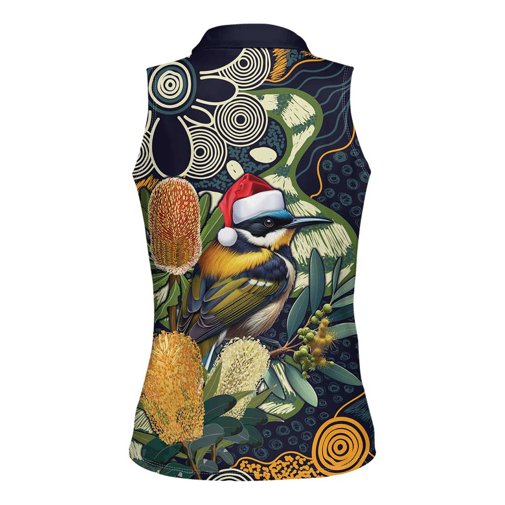 Aussie Honeyeaters Banksia Christmas Women Sleeveless Polo Shirt Aboriginal Dots Painting Blue Motif - Aussie Hoodie
