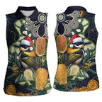 Aussie Honeyeaters Banksia Christmas Women Sleeveless Polo Shirt Aboriginal Dots Painting Blue Motif - Aussie Hoodie