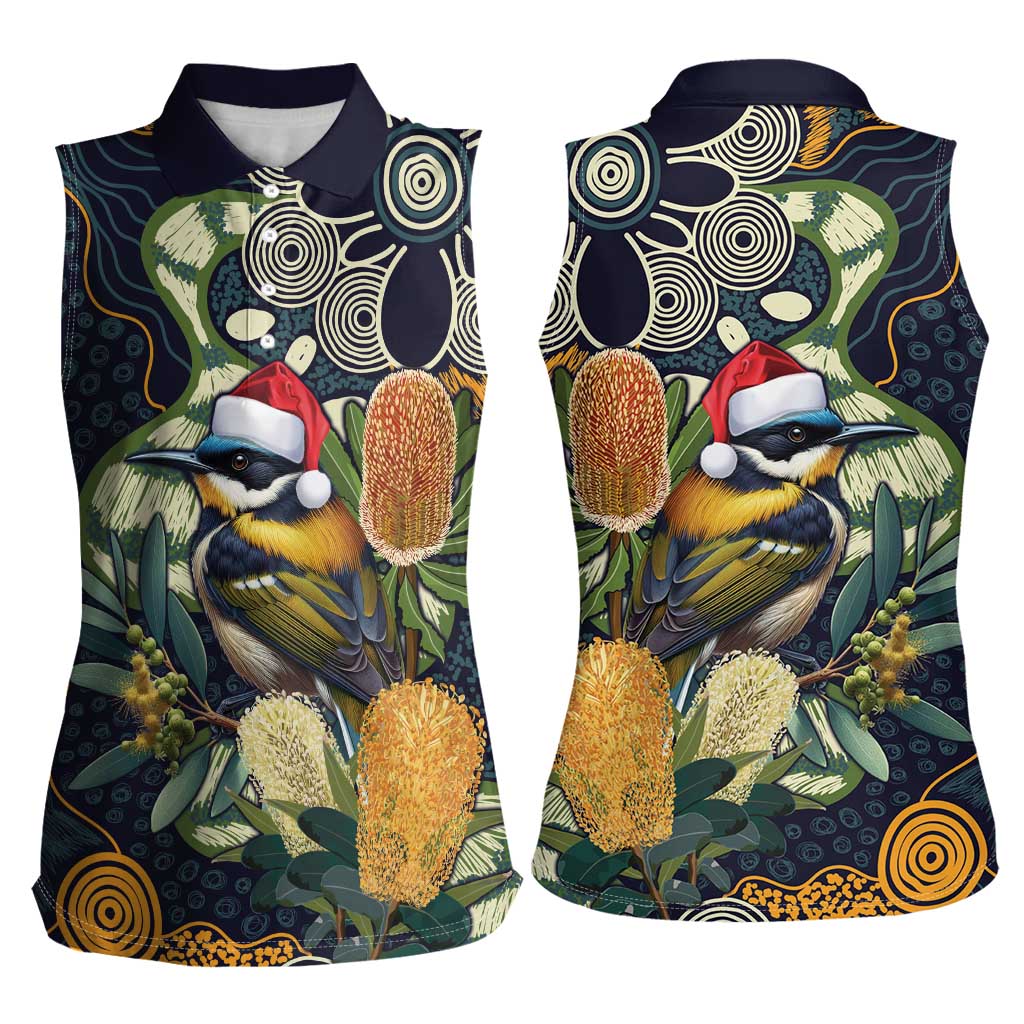 Aussie Honeyeaters Banksia Christmas Women Sleeveless Polo Shirt Aboriginal Dots Painting Blue Motif - Aussie Hoodie