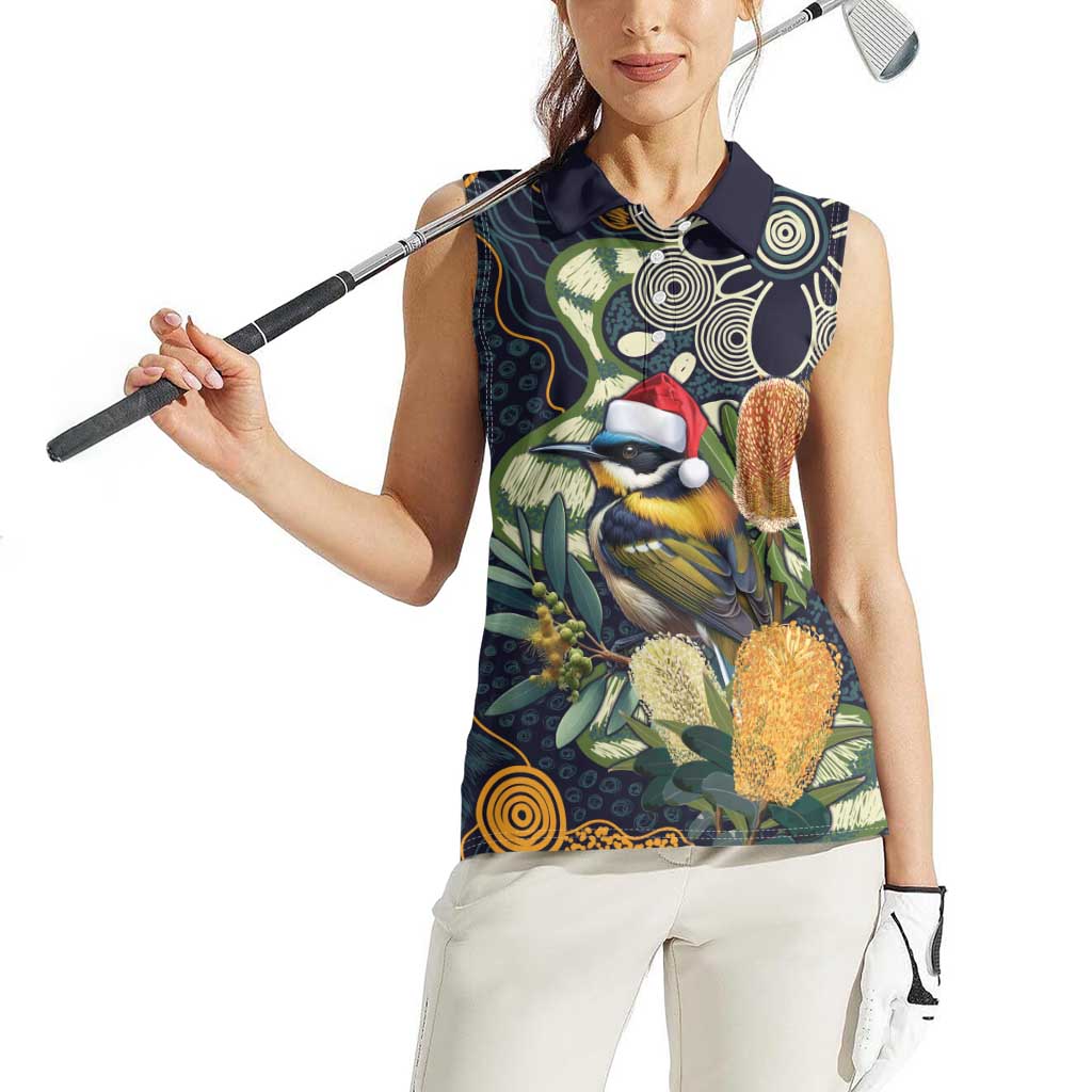 Aussie Honeyeaters Banksia Christmas Women Sleeveless Polo Shirt Aboriginal Dots Painting Blue Motif - Aussie Hoodie