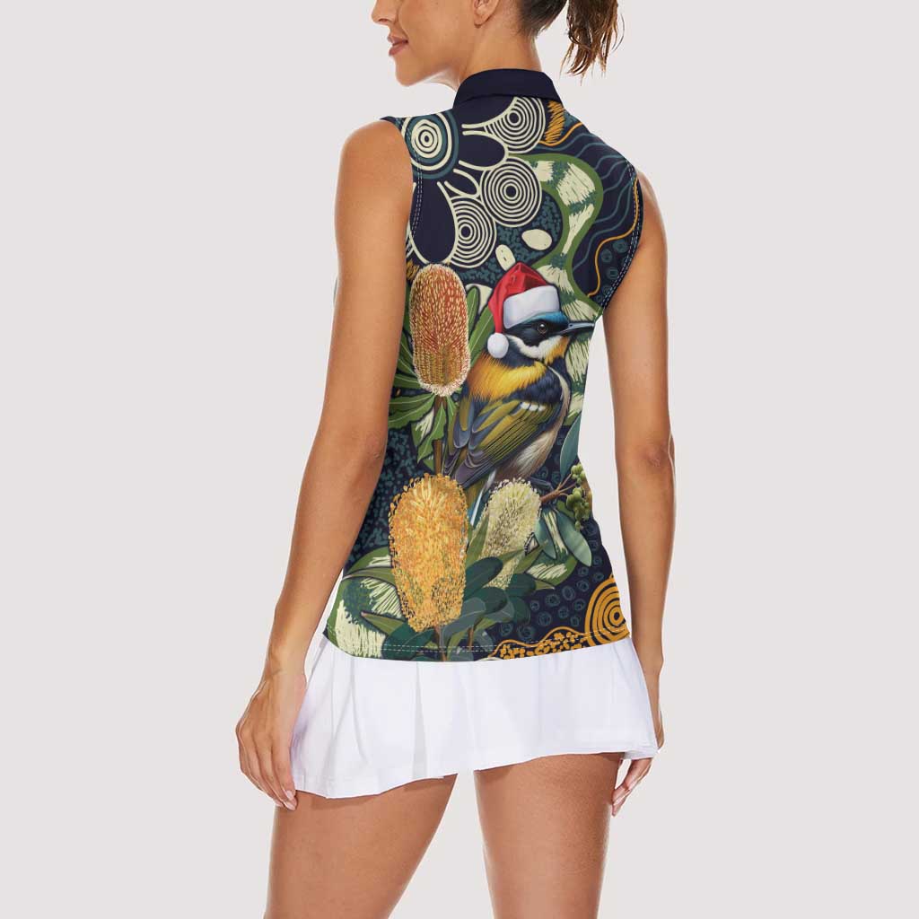 Aussie Honeyeaters Banksia Christmas Women Sleeveless Polo Shirt Aboriginal Dots Painting Blue Motif - Aussie Hoodie