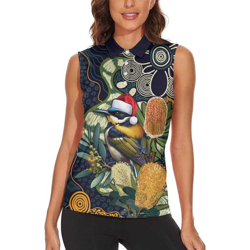 Aussie Honeyeaters Banksia Christmas Women Sleeveless Polo Shirt Aboriginal Dots Painting Blue Motif - Aussie Hoodie
