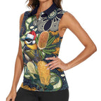 Aussie Honeyeaters Banksia Christmas Women Sleeveless Polo Shirt Aboriginal Dots Painting Blue Motif - Aussie Hoodie