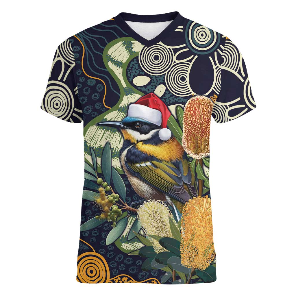 Aussie Honeyeaters Banksia Christmas Women V-Neck T-Shirt Aboriginal Dots Painting Blue Motif - Aussie Hoodie