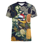 Aussie Honeyeaters Banksia Christmas Women V-Neck T-Shirt Aboriginal Dots Painting Blue Motif - Aussie Hoodie