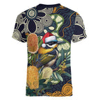 Aussie Honeyeaters Banksia Christmas Women V-Neck T-Shirt Aboriginal Dots Painting Blue Motif - Aussie Hoodie