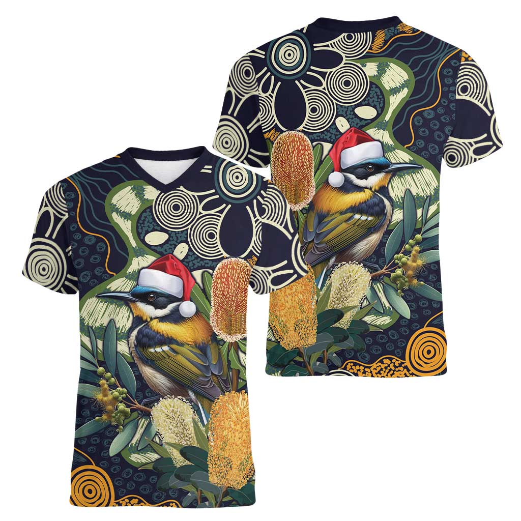 Aussie Honeyeaters Banksia Christmas Women V-Neck T-Shirt Aboriginal Dots Painting Blue Motif - Aussie Hoodie