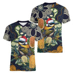Aussie Honeyeaters Banksia Christmas Women V-Neck T-Shirt Aboriginal Dots Painting Blue Motif - Aussie Hoodie