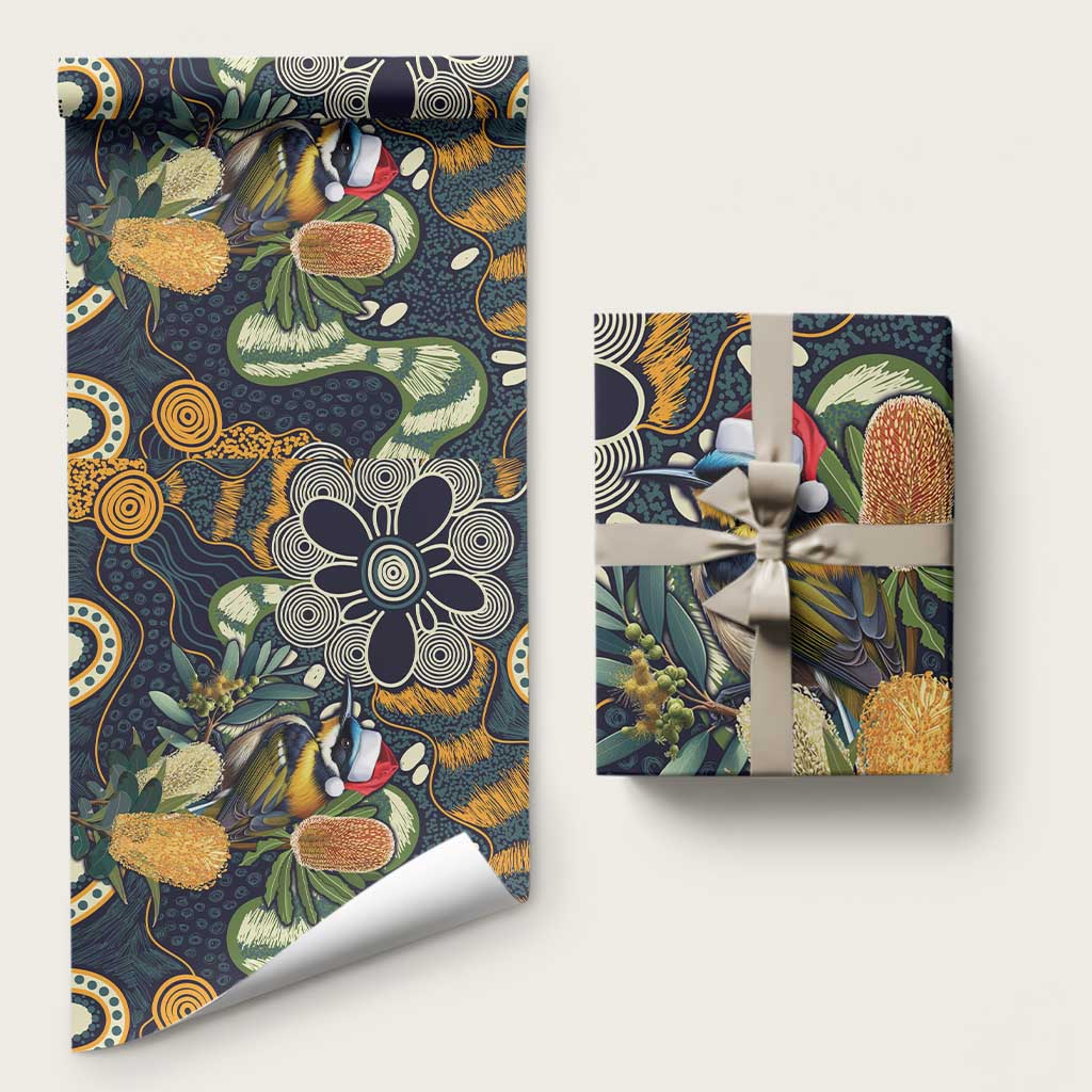 Aussie Honeyeaters Banksia Christmas Wrapping Paper Aboriginal Dots Painting Blue Motif - Aussie Hoodie