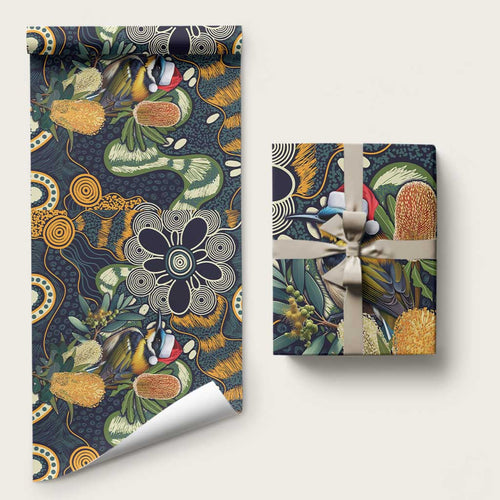 Aussie Honeyeaters Banksia Christmas Wrapping Paper Aboriginal Dots Painting Blue Motif - Aussie Hoodie