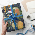 Aussie Honeyeaters Banksia Christmas Wrapping Paper Aboriginal Dots Painting Blue Motif - Aussie Hoodie
