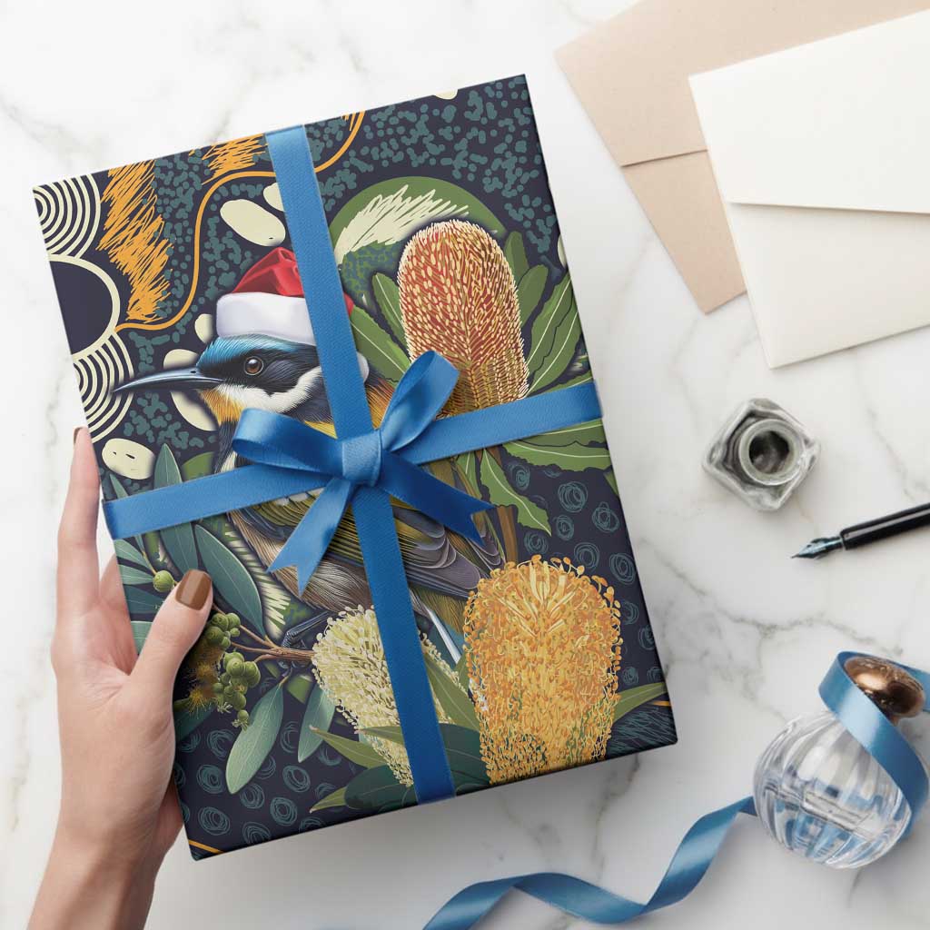 Aussie Honeyeaters Banksia Christmas Wrapping Paper Aboriginal Dots Painting Blue Motif - Aussie Hoodie
