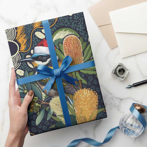 Aussie Honeyeaters Banksia Christmas Wrapping Paper Aboriginal Dots Painting Blue Motif - Aussie Hoodie