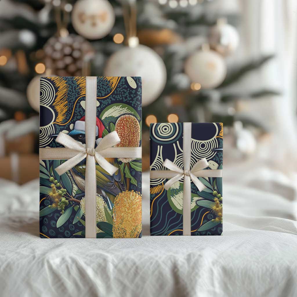 Aussie Honeyeaters Banksia Christmas Wrapping Paper Aboriginal Dots Painting Blue Motif - Aussie Hoodie