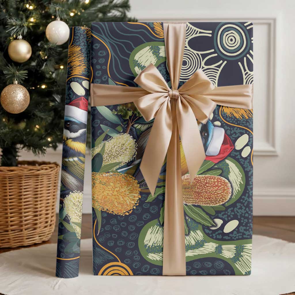 Aussie Honeyeaters Banksia Christmas Wrapping Paper Aboriginal Dots Painting Blue Motif - Aussie Hoodie