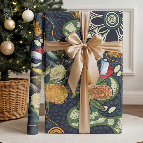Aussie Honeyeaters Banksia Christmas Wrapping Paper Aboriginal Dots Painting Blue Motif - Aussie Hoodie