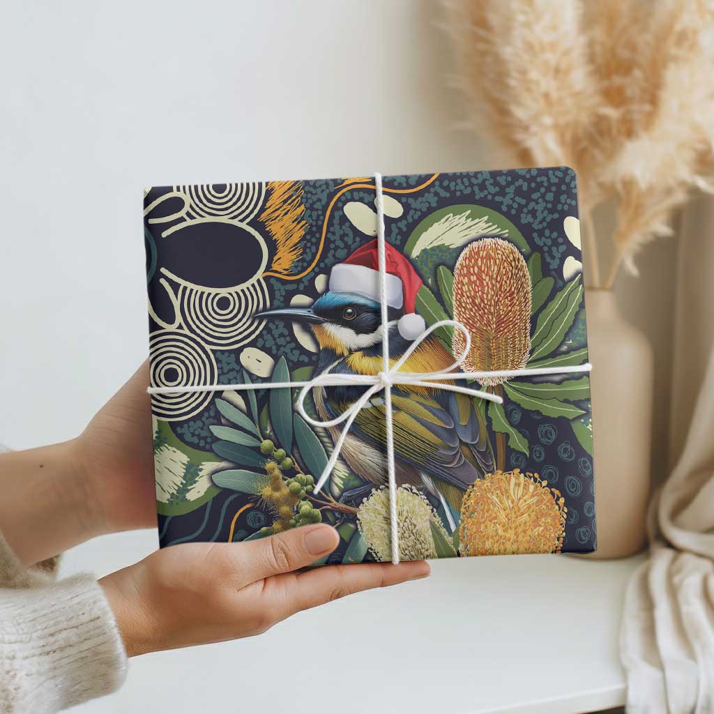 Aussie Honeyeaters Banksia Christmas Wrapping Paper Aboriginal Dots Painting Blue Motif - Aussie Hoodie